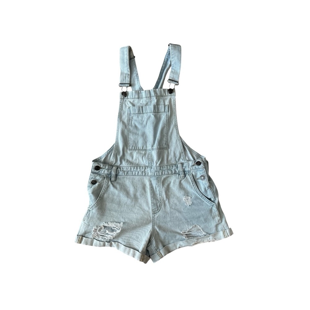 PacSun Distressed Denim Bib Overall Cuffed Shorts Y2K 90's Grunge Streetwear VTG